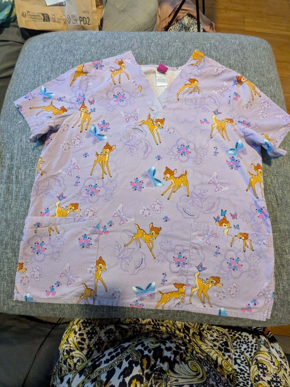 The Wonderful World of Disney Bambi Butterfly Floral Print V-Neck Scrub Top